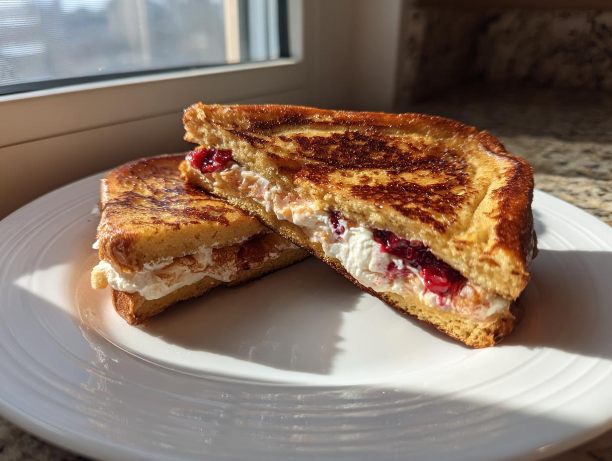 Two halves of golden brown stuffed french toast filled with cream cheese and berry jam, resting on a white plate.