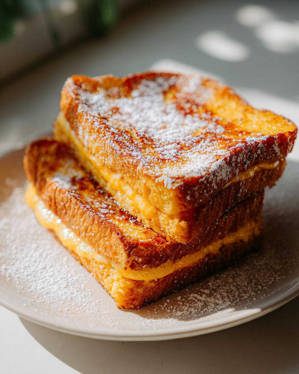Two thick slices of golden brown stuffed french toast stacked on a plate and dusted heavily with powdered sugar.