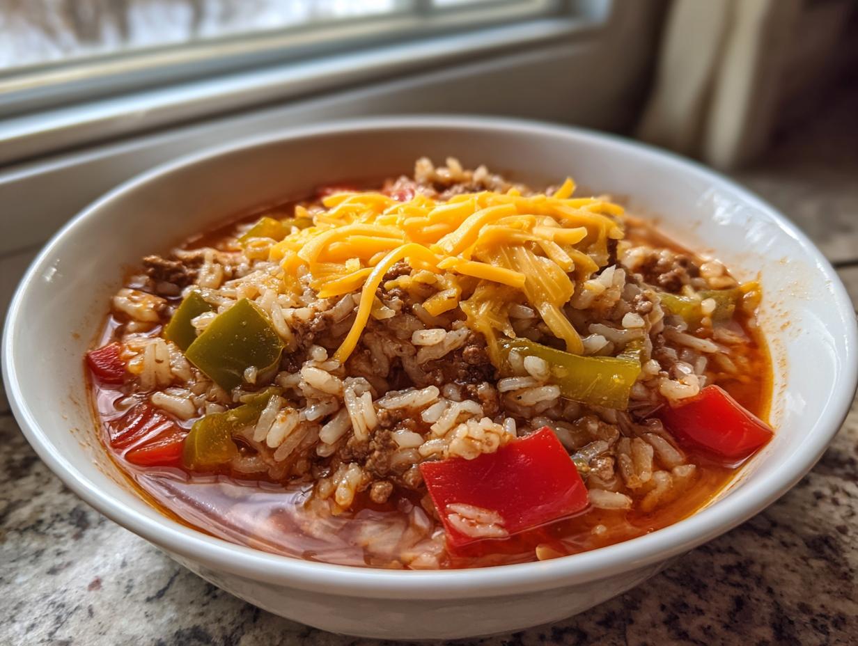 Close-up of a white bowl filled with stuffed pepper soup, featuring rice, ground meat, red and green peppers, topped with shredded cheddar cheese.