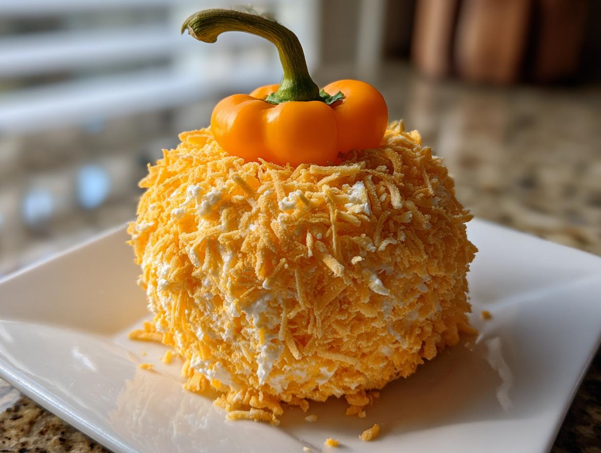 A festive pumpkin cheese ball coated in shredded orange cheese, topped with a small orange pepper stem.