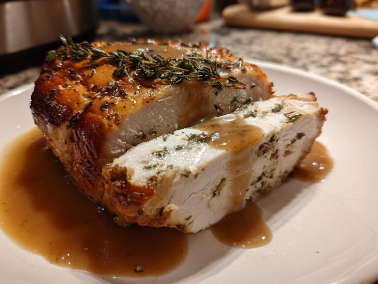 Close-up of a sliced crockpot turkey roast, juicy and covered in brown gravy and fresh thyme.