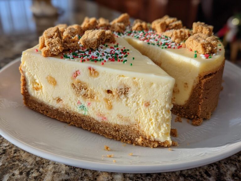 A thick slice of creamy sugar cookie cheesecake with a graham cracker crust, topped with sprinkles and cookie pieces.