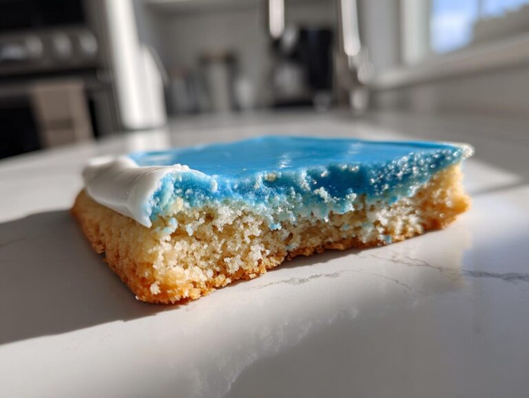 Close-up of a square sugar cookie bar with bright blue sugar cookie icing that hardens, showing a bite taken out.