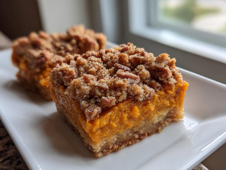 Two squares of sweet potato casserole bars with a thick, crunchy pecan crumble topping served on a white dish.