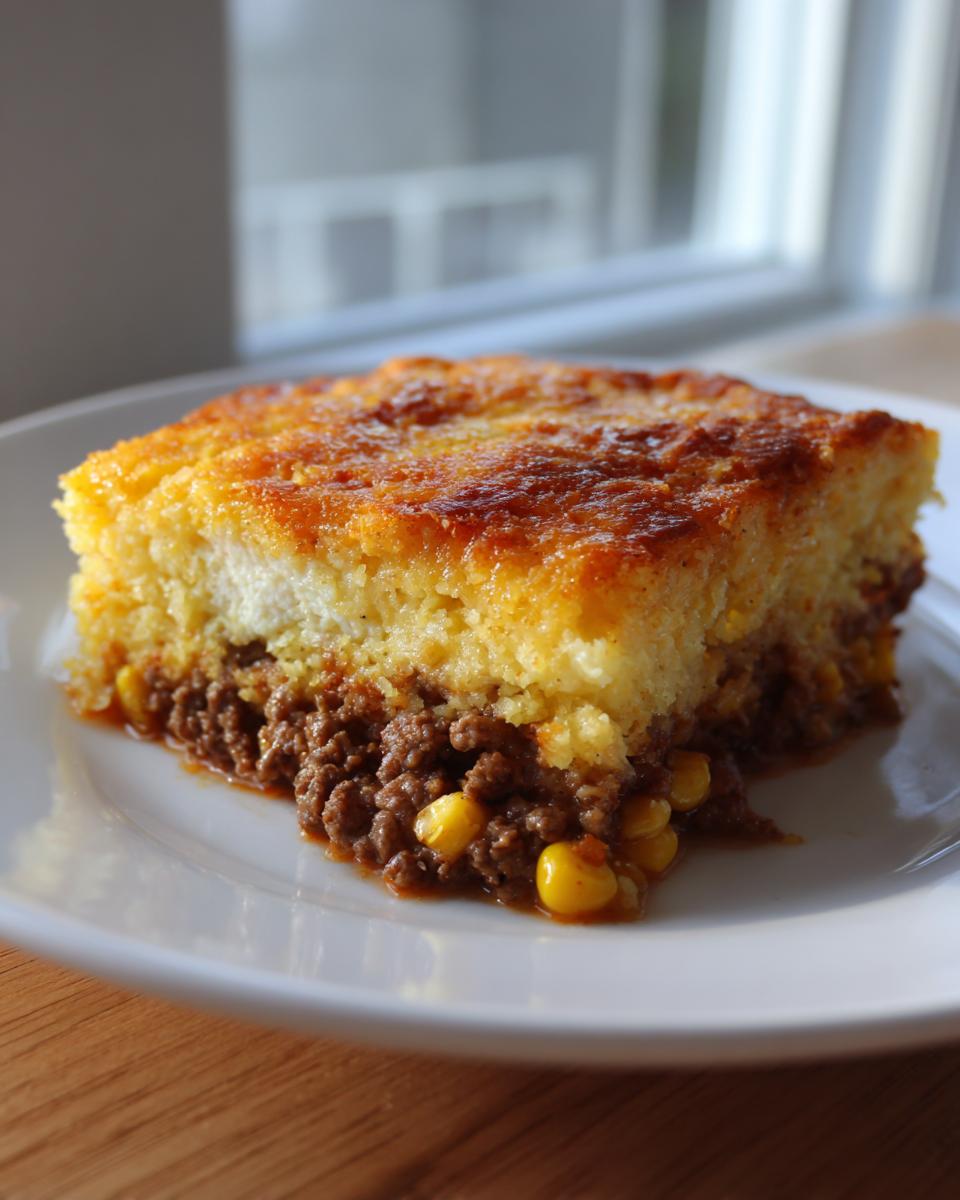 A close-up of a square slice of tamale pie showing a golden cornbread top over a savory ground meat and corn filling.