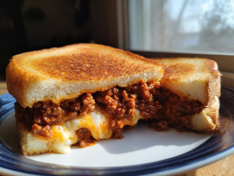 A close-up of cheesy texas toast sloppy joes, cut in half, showing melted cheese oozing out with savory meat filling.