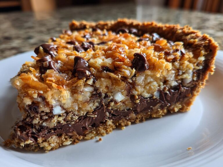 Close-up of a decadent slice of texas trash pie showing layers of chocolate, coconut, and a graham cracker crust.