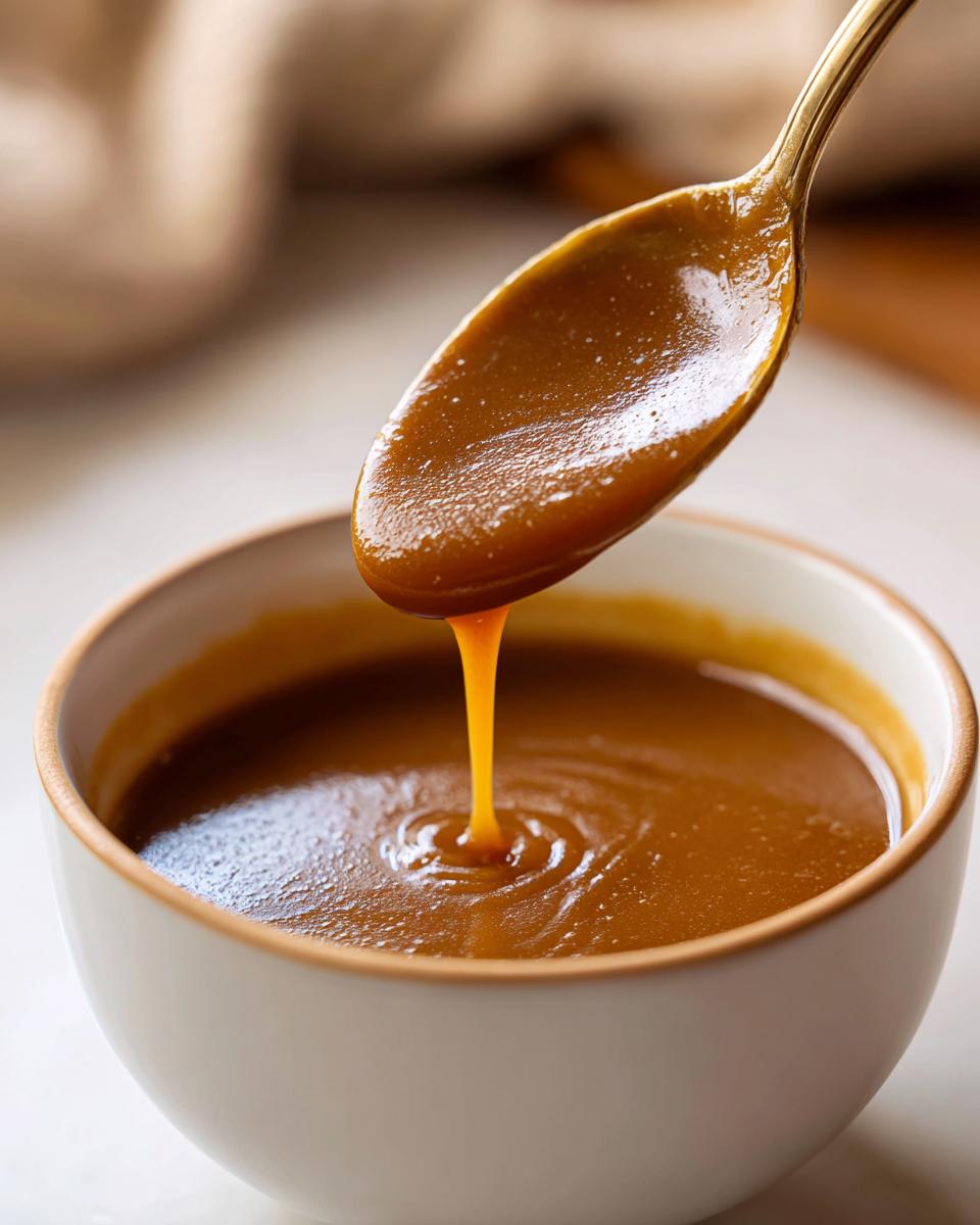 Close-up of thick, rich turkey gravy being drizzled from a gold spoon back into a white bowl.