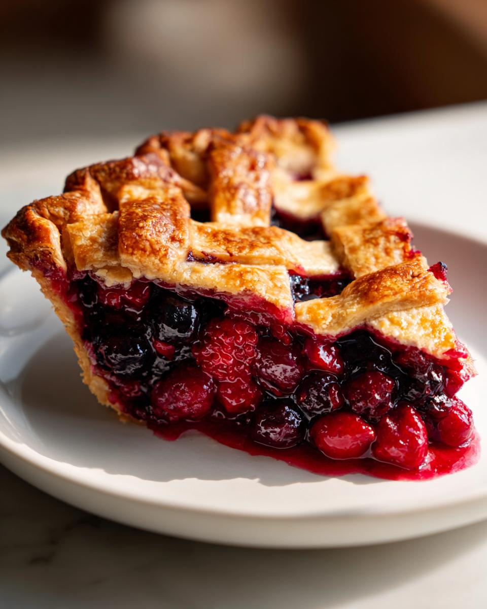 Close-up of a juicy slice of triple berry pie showing the mixed berry filling and golden lattice crust.