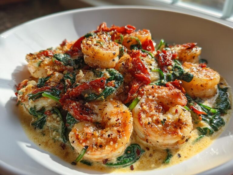 Plump, seared shrimp coated in spices, served in a creamy sauce with spinach and sun-dried tomatoes in a white bowl, featuring Tuscan shrimp.