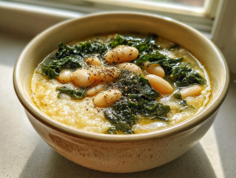 Close-up of a bowl of thick tuscan white bean soup topped with cannellini beans, wilted kale, and black pepper.