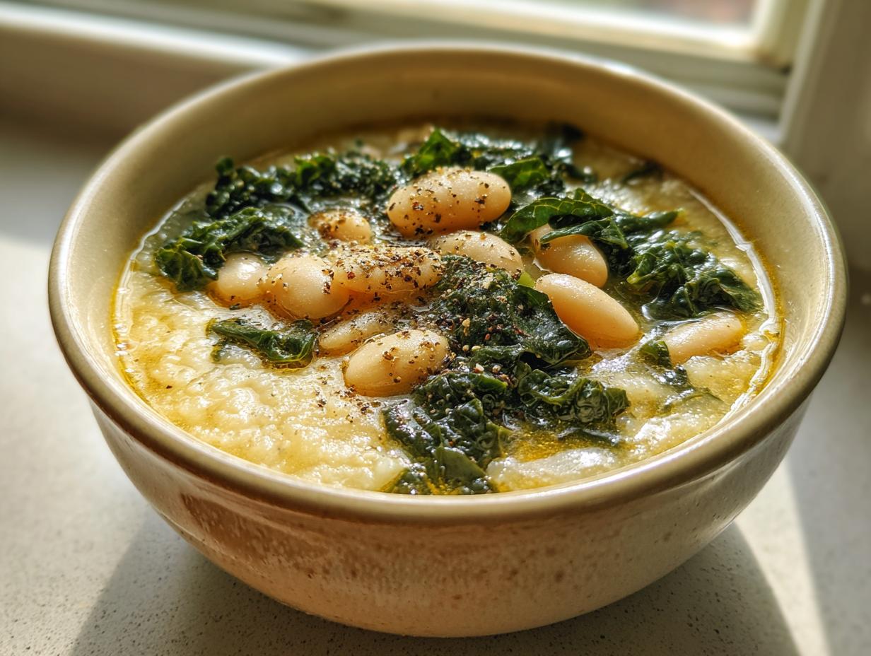 Close-up of a bowl of thick tuscan white bean soup topped with cannellini beans, wilted kale, and black pepper.