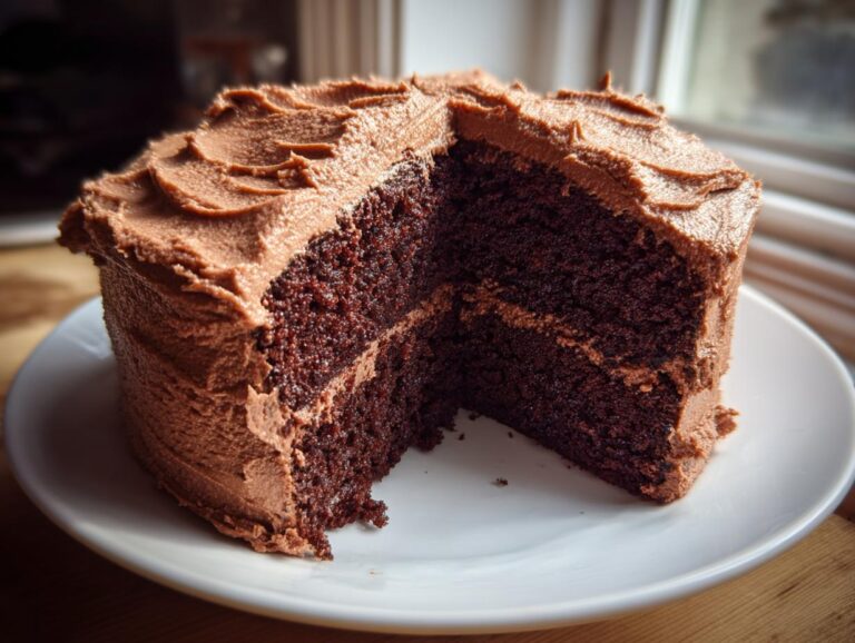 A rich, dark slice cut from a homemade chocolate cake with thick, swirled chocolate frosting.
