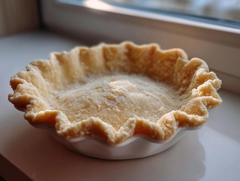 Close-up of an unbaked, fluted butter pie crust resting in a white dish, lightly dusted with flour.