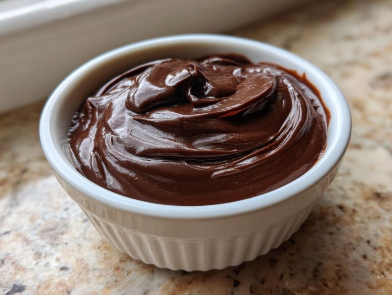 Close-up of rich, dark homemade chocolate pudding swirled beautifully in a white ramekin.