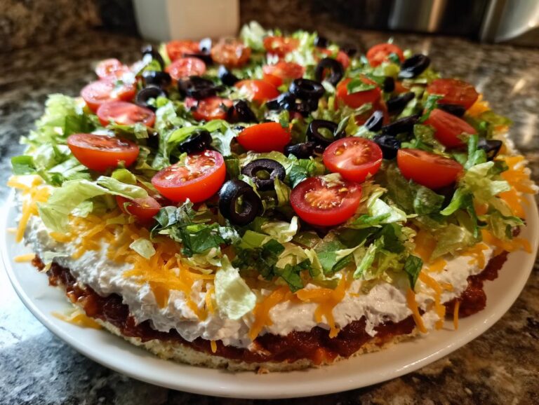 A vibrant, circular 7 layer dip topped with shredded lettuce, tomatoes, black olives, and cheese.