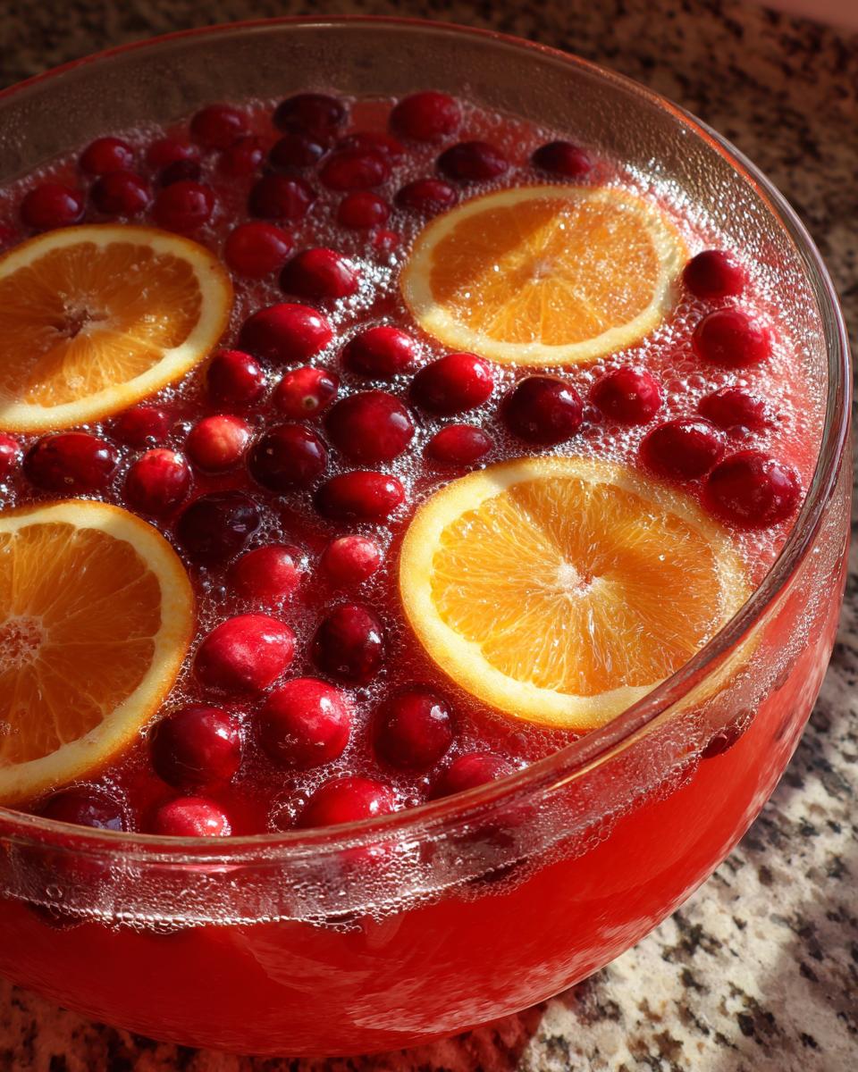 Close-up of a bright red thanksgiving punch garnished with floating cranberries and orange slices in a glass bowl.