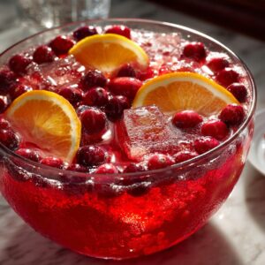 Close-up of a bright red Thanksgiving punch garnished with fresh cranberries and orange slices.