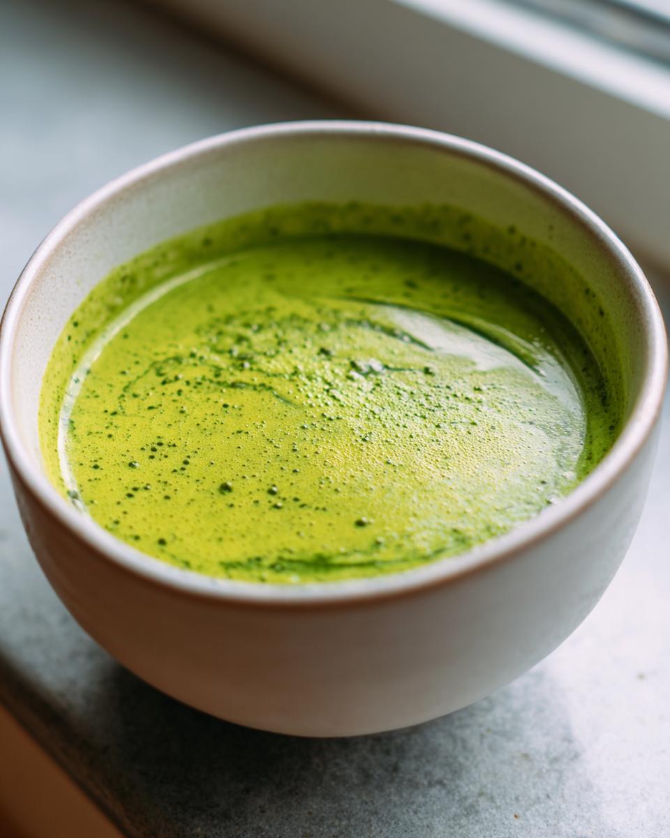 Close-up of vibrant green asparagus soup with a frothy top, served in a light ceramic bowl.