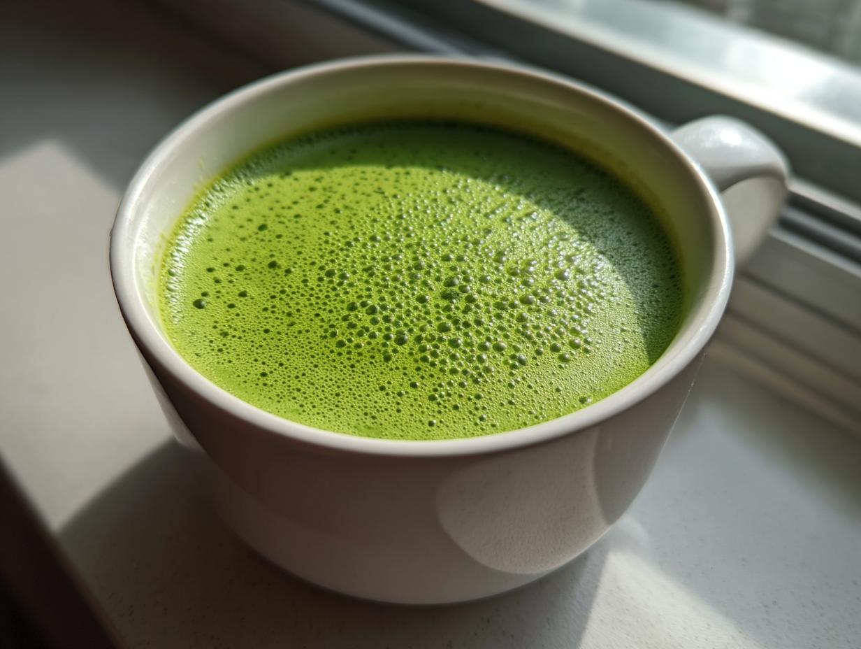 Close-up of a vibrant green, foamy liquid, resembling asparagus soup, in a white mug.