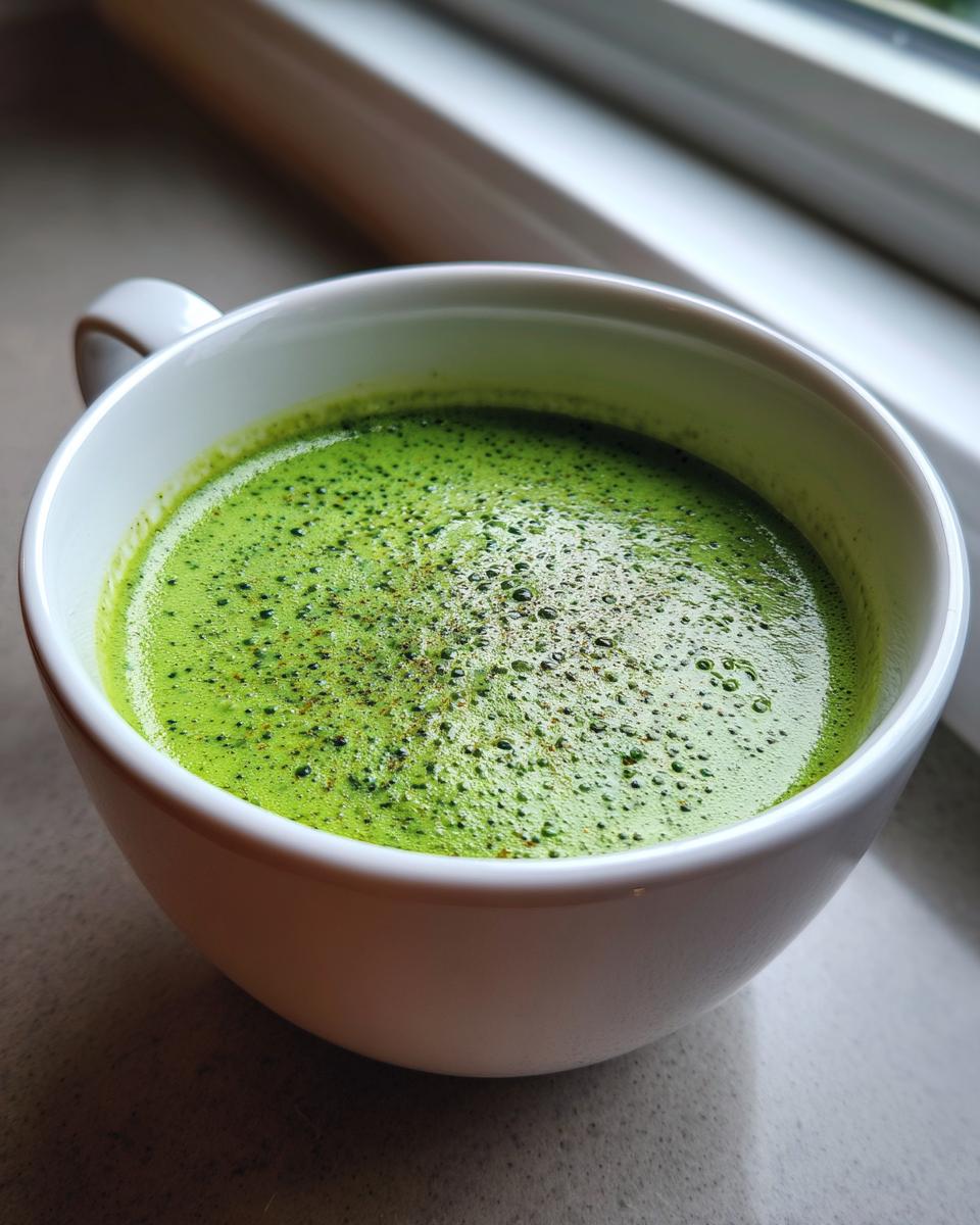 Close-up of a white mug filled with vibrant green, frothy asparagus soup, garnished with pepper.
