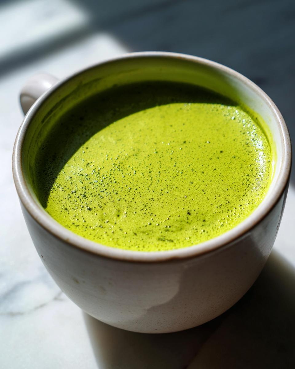 Close-up of a bright, vibrant green, frothy liquid in a light-colored mug, resembling a healthy spinach soup.