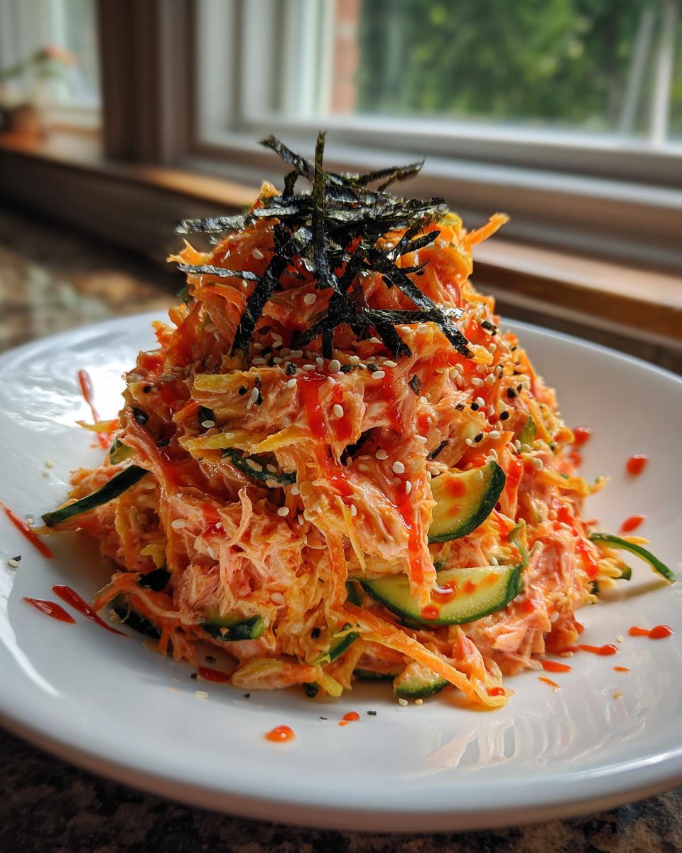 A mound of creamy, shredded kani salad mixed with cucumber slices, drizzled with sriracha, and topped with shredded nori.