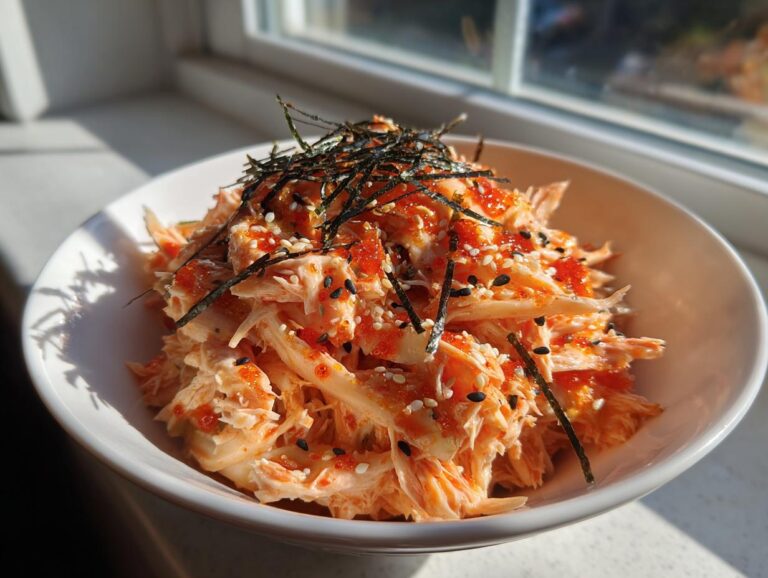A vibrant bowl of kani salad topped with masago, sesame seeds, and shredded nori.