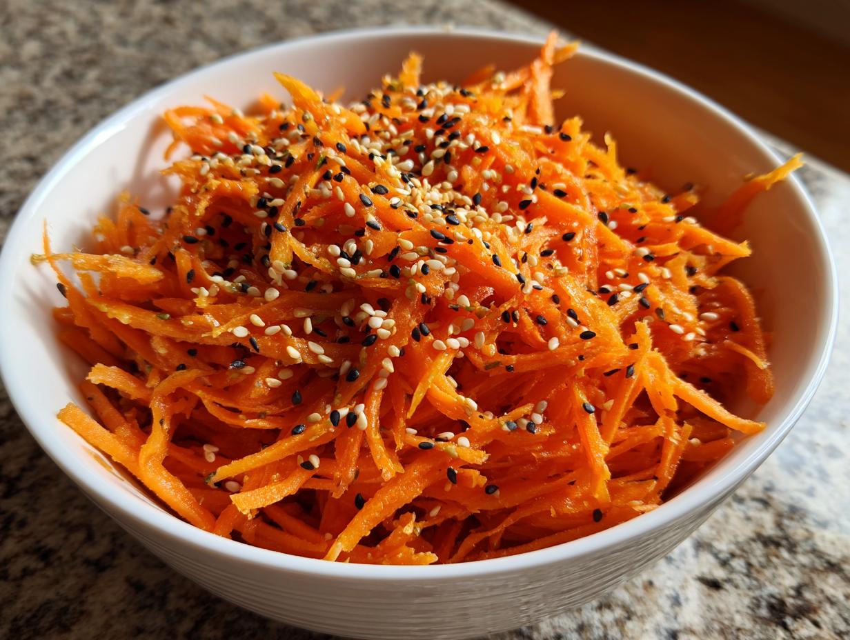 Close-up of a white bowl filled with shredded raw carrot salad, garnished generously with black and white sesame seeds.