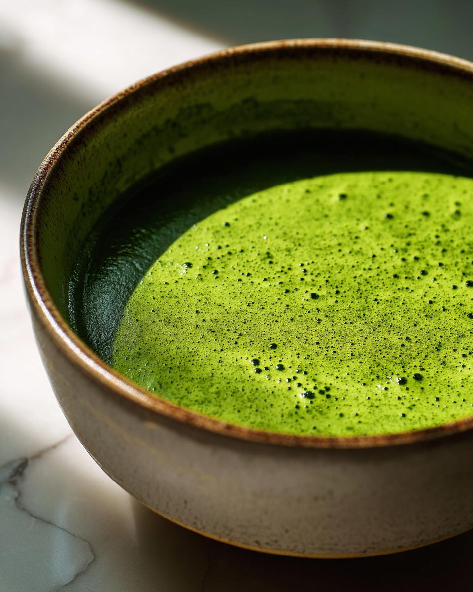 Close-up of a bowl filled with vibrant green, frothy spinach soup, suggesting a creamy texture.