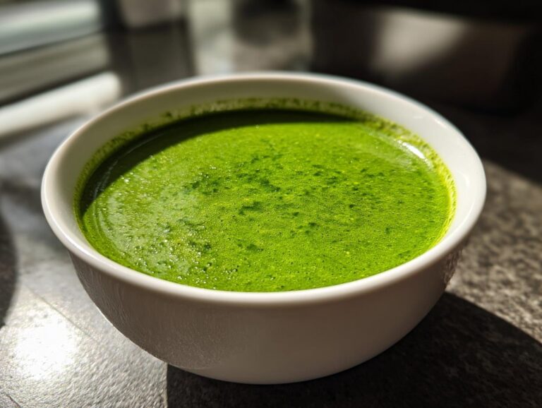 Close-up of a white bowl filled with bright green, creamy spinach soup, featuring small bubbles on the surface.
