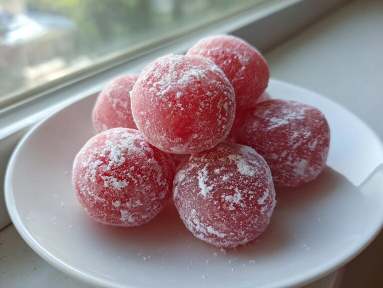 A stack of bright pink, round watermelon mochi dusted heavily with white powdered sugar, resting on a white plate.