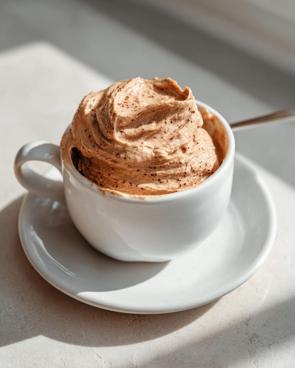 A close-up of freshly whipped cinnamon butter, speckled with spice, served in a white teacup.