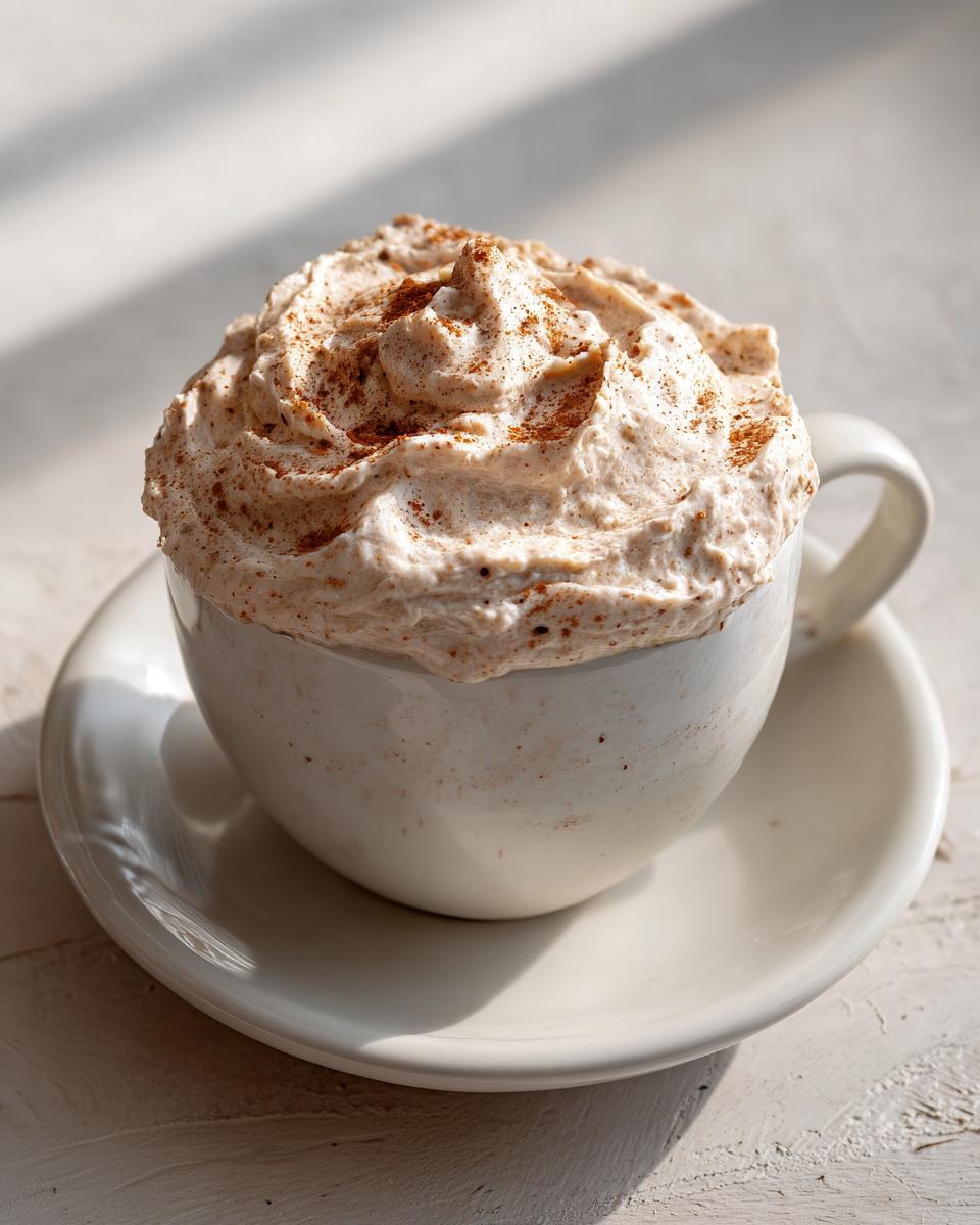 A white mug filled with a beverage topped high with fluffy, cinnamon-dusted whipped cinnamon butter.