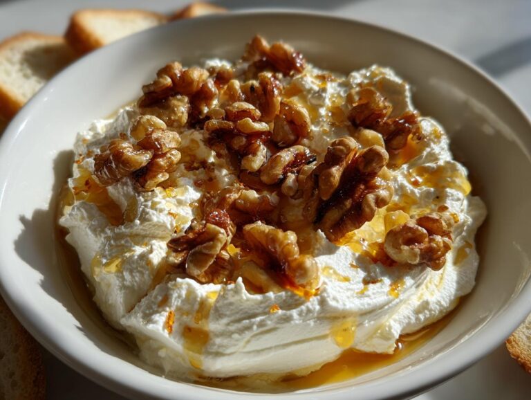 Close-up of creamy whipped ricotta dip topped with glazed walnuts and drizzled with honey.