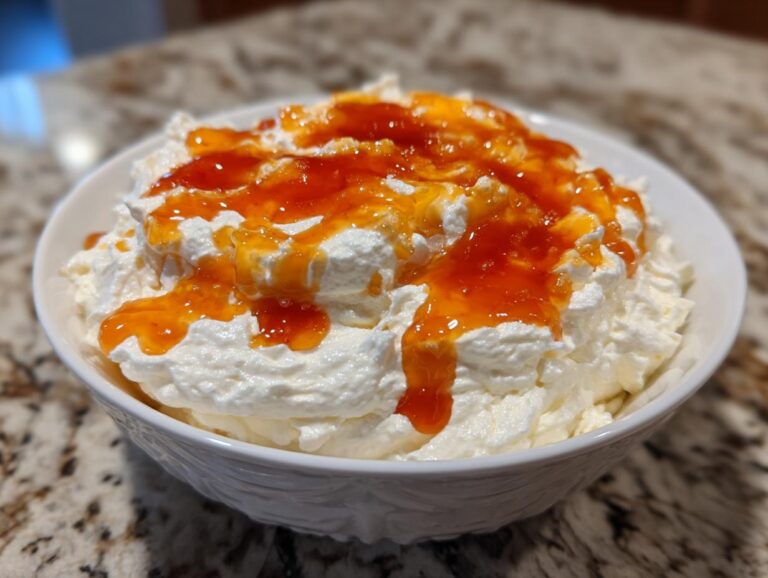 A white bowl filled with fluffy whipped ricotta dip topped generously with bright orange hot honey.