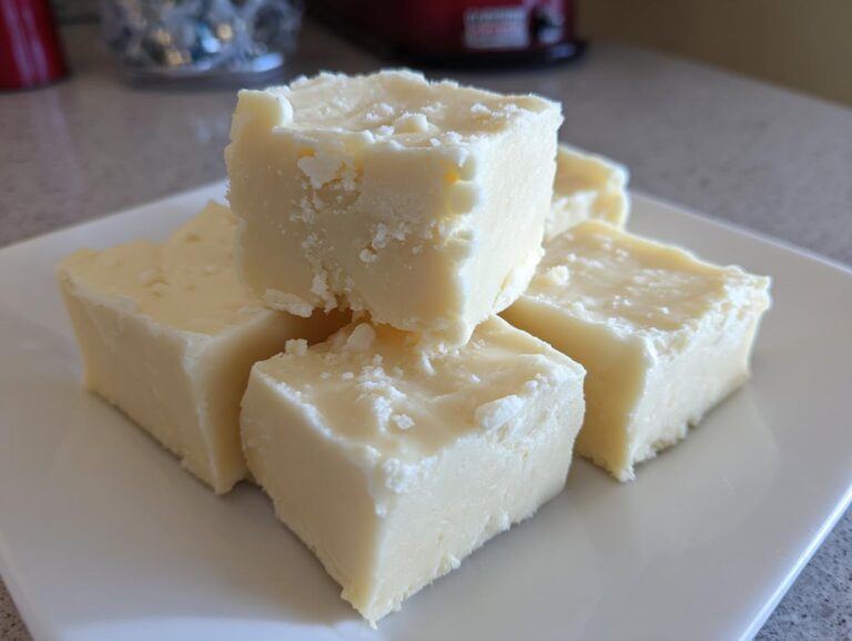 Close-up of several thick, creamy squares of white chocolate fudge stacked on a white plate.
