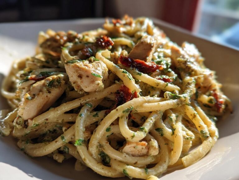 A close-up, bright shot of a serving of chicken pesto pasta featuring thick noodles, chunks of chicken, and sun-dried tomatoes.