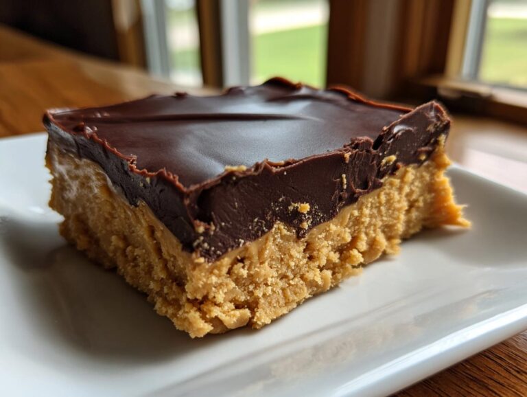 A close-up of a rich, square piece of buckeye fudge with a thick peanut butter base and a smooth chocolate topping.