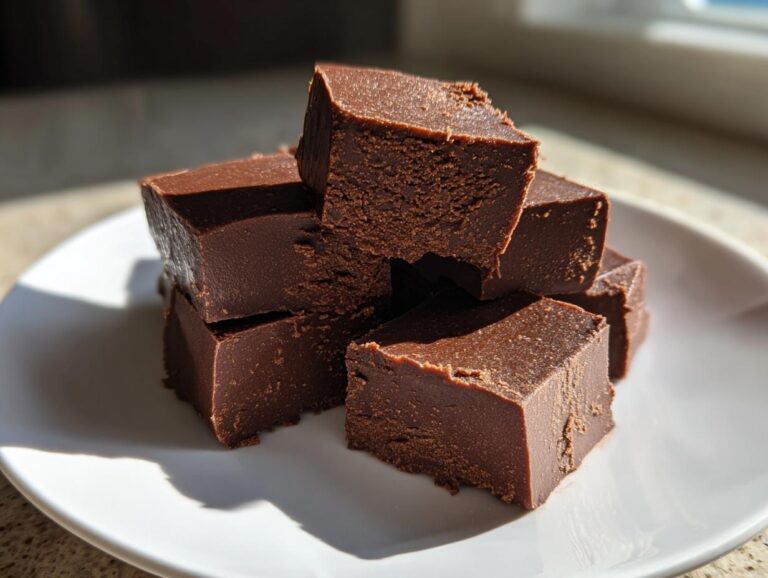 A stack of rich, dark chocolate fudge squares resting on a white plate under bright sunlight.