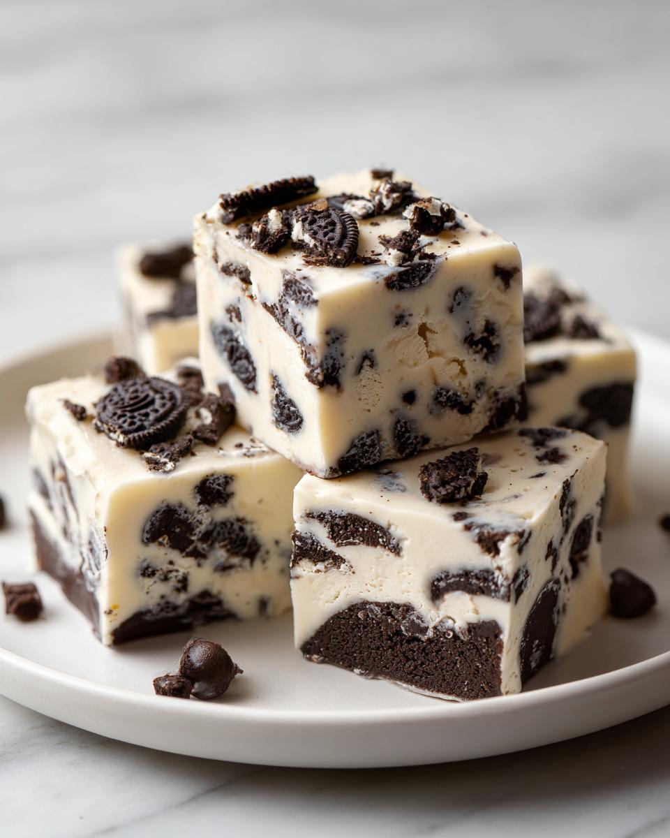 Four squares of creamy white Oreo fudge loaded with dark chocolate cookie pieces, stacked on a white plate.