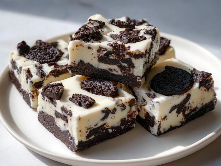 A stack of rich, white chocolate Oreo fudge squares topped with crushed and whole Oreo pieces.