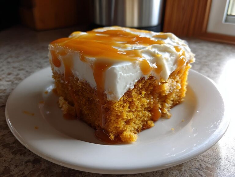 A close-up of a moist slice of pumpkin poke cake topped with white frosting and drizzled with caramel sauce.