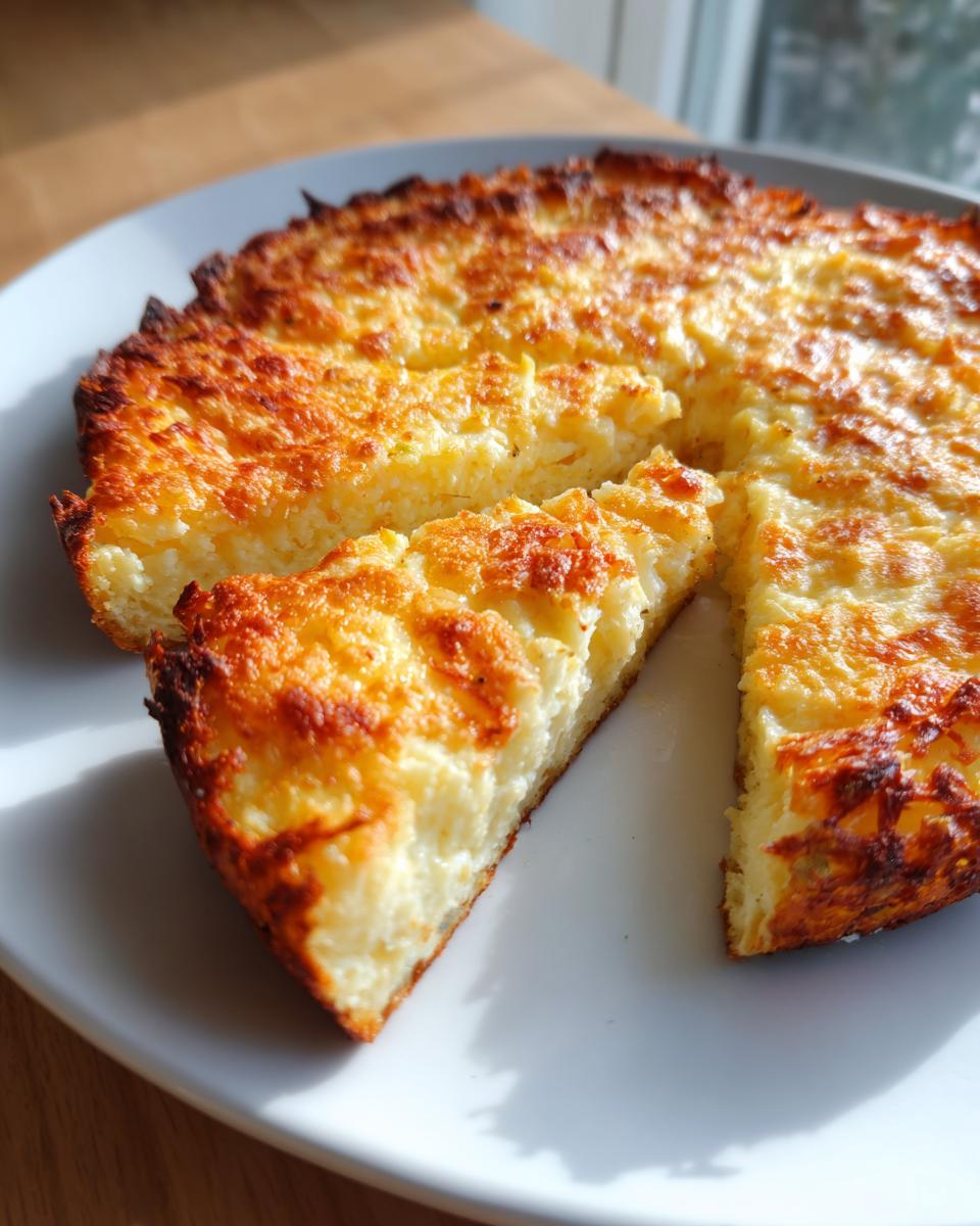 A golden brown, baked keto pizza crust, sliced on a white plate, showing a thick, cheesy interior.