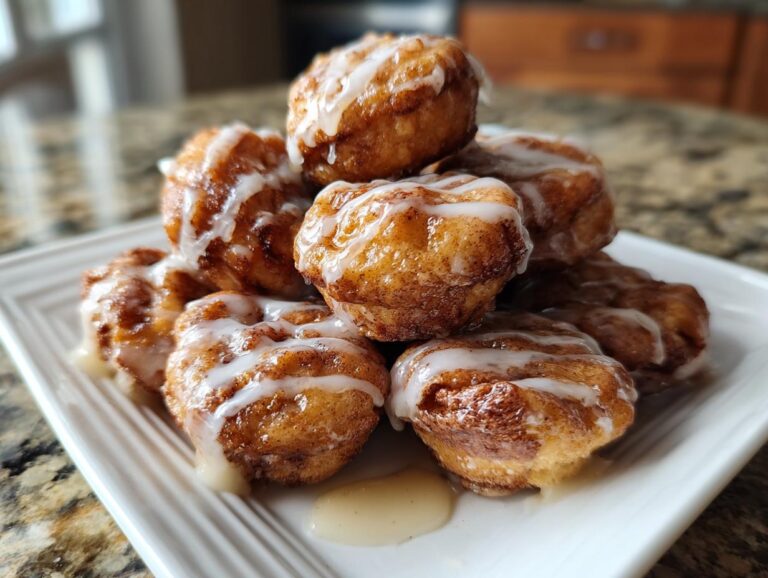 A stack of golden brown cinnamon roll bites drizzled generously with white vanilla icing on a white plate.