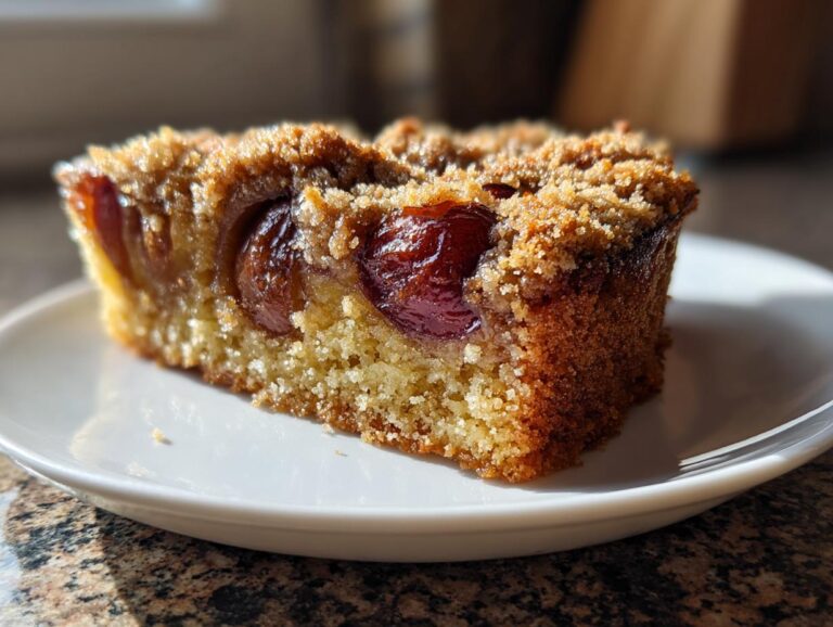 Close-up of a moist slice of plum cake featuring baked plums and a sugary crumble topping, served on a white plate.