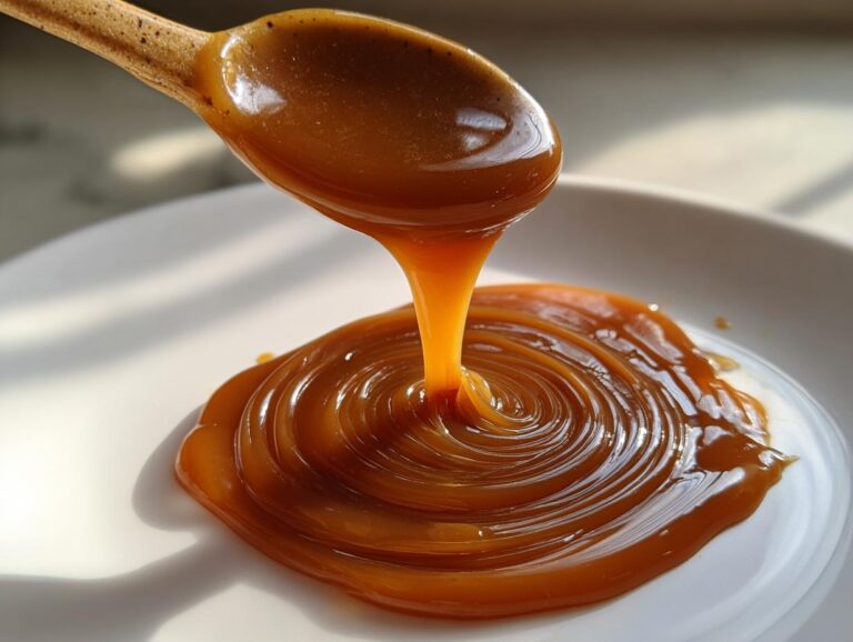 Close-up of thick, glossy homemade caramel being poured from a wooden spoon onto a white plate, creating swirls.