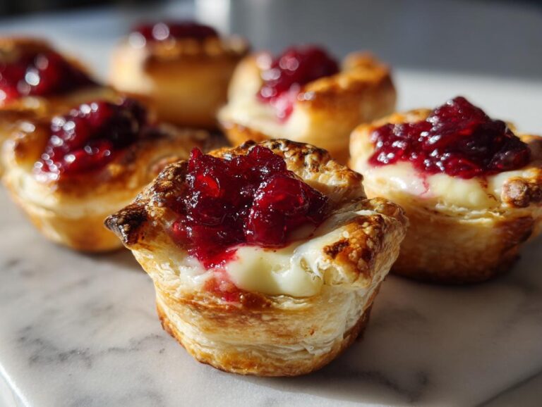 Close-up of flaky pastry cups filled with melted brie and topped with bright red cranberry sauce, showcasing delicious brie bites.