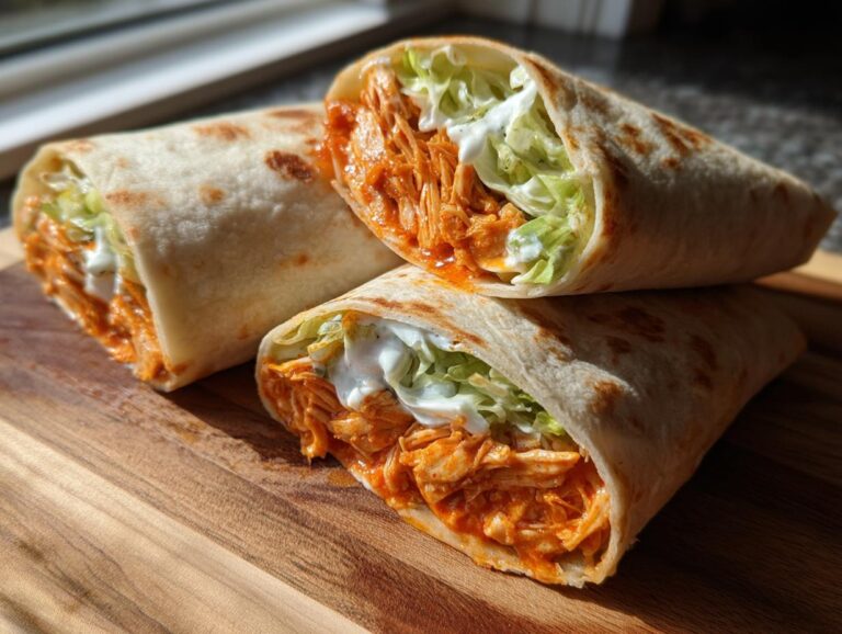 Two halves of an amazing buffalo chicken wrap showing shredded orange buffalo chicken, lettuce, and ranch dressing inside a flour tortilla.