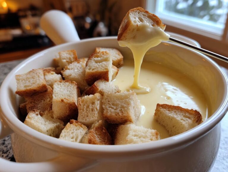 A piece of crusty bread is dipped into a pot of smooth, melted cheese fondue recipe, showing a long, gooey cheese pull.